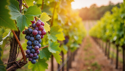 Fototapeta premium Close-up view of vine-ripened grapes in vineyard at sunset, nature’s bounty