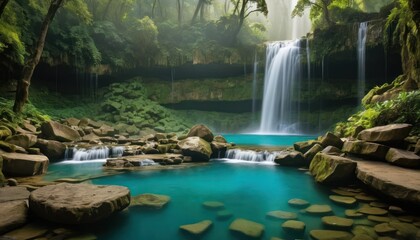 Naklejka premium Green waterfalls cascade over jungle rocks, flowing through a lush Thailand forest stream