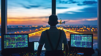 Air traffic controller watching plane landing at sunset