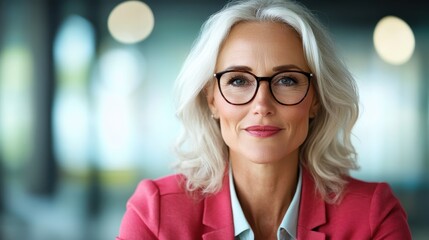 Stylish image of a confident businesswoman with silver hair and glasses, presenting a strong profile, showcasing professionalism and leadership in a modern environment.