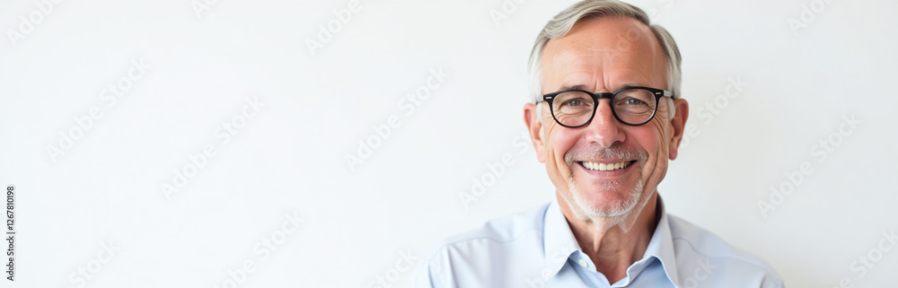Poster a mature man with glasses is smiling in a simple portrait set against a plain white backdrop. 00002