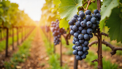 Fototapeta premium Vine-ripened grapes glowing in vineyard at sunset, harvest abundance