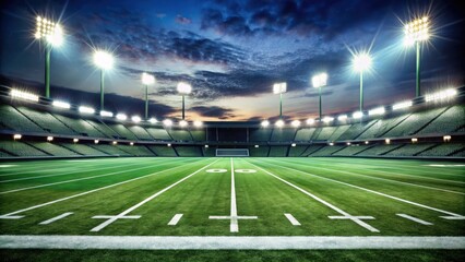 A pristine football field illuminated by stadium lights at twilight, ready for the big game.