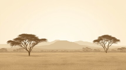 Obraz premium Serene African savanna sunrise, acacia trees, distant mountains, tranquil landscape; ideal for travel brochures