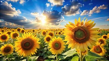 Fototapeta premium Golden Sunflowers Basking in the Warmth of a Setting Sun, a Symphony of Yellow Petals Reaching for the Sky
