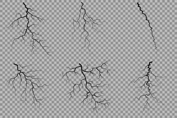 Lightning. Thunder storm realistic lightning. Bright light effects. Lightning bolt set Magic and bright light effects. Set of thunder and lightnings. Lightning energy discharge effect isolated.