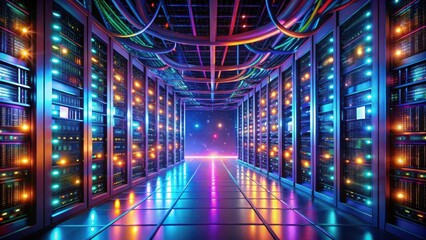 Obraz premium A futuristic data center illuminated by vibrant neon lights, showcasing rows of server racks and a glowing ceiling reflecting a starry night sky.