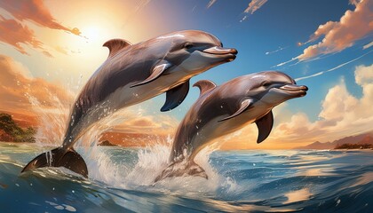 Fototapeta premium 2 dolphin jumping in water