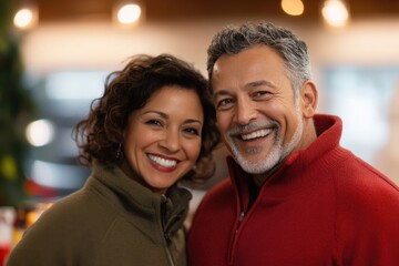 Smiling couple in cozy winter apparel indoors