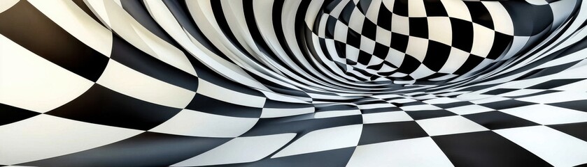 Abstract swirling checkerboard pattern in black and white.