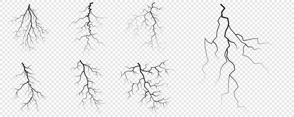 Lightning. Thunder storm realistic lightning. Bright light effects. Lightning bolt set Magic and bright light effects. Set of thunder and lightnings. Lightning energy discharge effect isolated.
