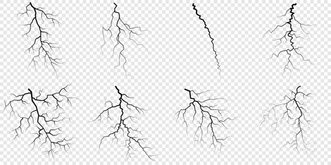 Lightning. Thunder storm realistic lightning. Bright light effects. Lightning bolt set Magic and bright light effects. Set of thunder and lightnings. Lightning energy discharge effect isolated.