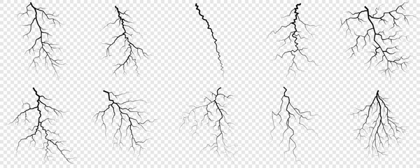 Lightning. Thunder storm realistic lightning. Bright light effects. Lightning bolt set Magic and bright light effects. Set of thunder and lightnings. Lightning energy discharge effect isolated.