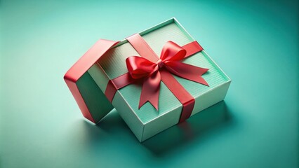 Obraz premium A Mint Green Gift Box with a Red Ribbon Bow on a Light Green Background