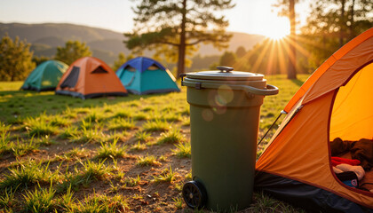 Portable compost bin at campsite during sunrise, eco-friendly living