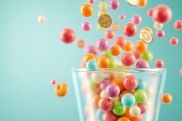colorful candies and coins falling into a glass