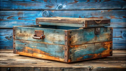 Obraz premium A weathered wooden box with a rustic blue paint finish and a metal handle, slightly ajar, rests on a worn wooden surface.