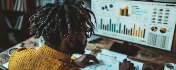 Person analyzing data on a computer screen with graphs.