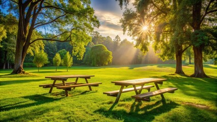 Sunlight streams through the canopy of trees, illuminating a pair of picnic tables in a lush green meadow.