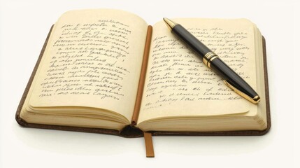 Obraz premium An open notebook filled with handwritten notes and a sleek pen lying next to it. A perfect scene for inspiration and ideas. Generative AI