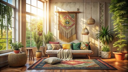 Fototapeta premium Sunlight streams through a large window illuminating a cozy living room with a plush sofa, vibrant throw pillows, and a beautiful rug.