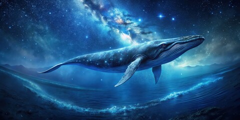 Naklejka premium A whale breaching through a starry night sky, the Milky Way stretching across the heavens, with a hint of ocean waves rippling below