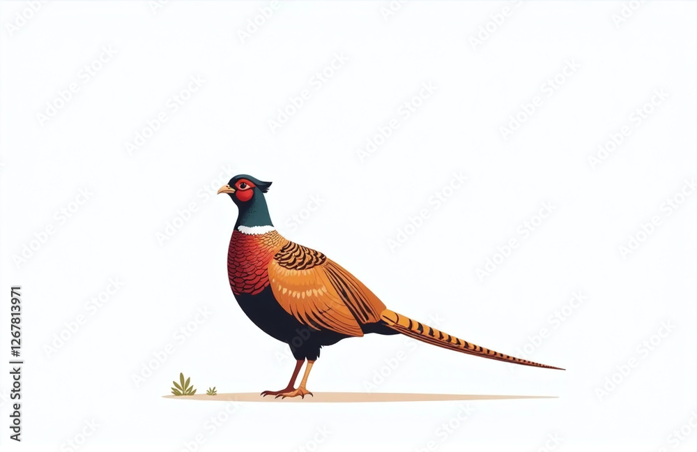 Poster A Single Pheasant Bird Stands Alone In Front Of A Clean And Simple White Background. 00002