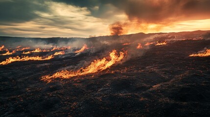 Fototapeta premium A breathtaking landscape engulfed in vibrant flames. Reflecting the raw power of nature. Witness the beauty of destruction. Generative AI.