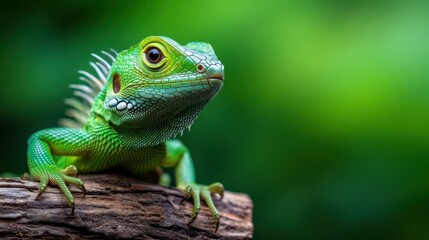 Obraz premium This enchanting image captures a charming green lizard resting on timber, with a lush, soft-focus background that enhances its stunning colors and intricate patterns.
