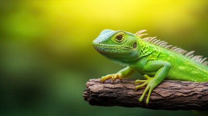 A captivating green lizard rests gracefully on a log, surrounded by a dreamy blurred backdrop that emphasizes its rich colors and textures, inviting admiration.