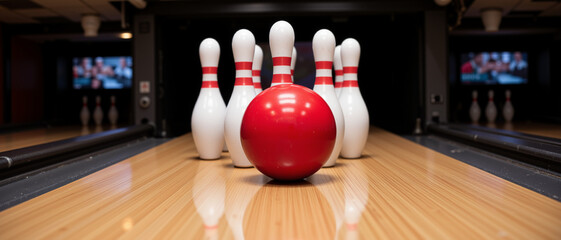 Bowling pins arranged in a classic formation with a bright red bowling ball centered on a polished wooden lane conveying a competitive atmosphere of the sport