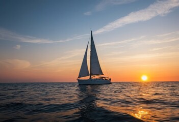 A lone sailboat cruises the calm sea at sunset, its silhouette highlighted against the orange sky