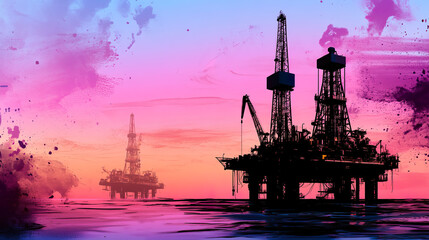 Obraz premium Vibrant offshore platforms paint watercolor dusk. Pink-blue glow evokes awe, abstract silhouettes. Offshore drilling, Marine, Surreal.