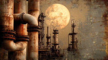 Massive pipes overshadow surreal lunar skyline. Rusty warm tones stir curiosity with steampunk flair. Industrialization, Rust, Nostalgia