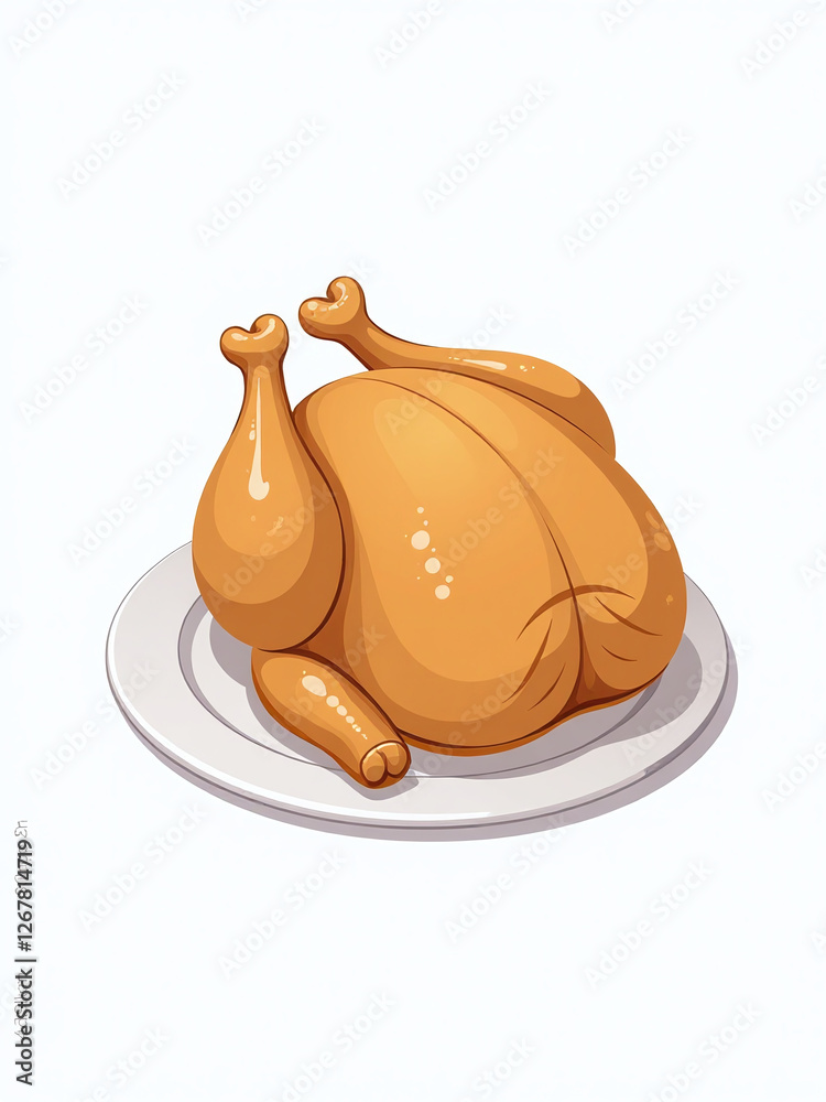 Poster a single whole roasted chicken is centered on a plain white plate against a clean and simple white b
