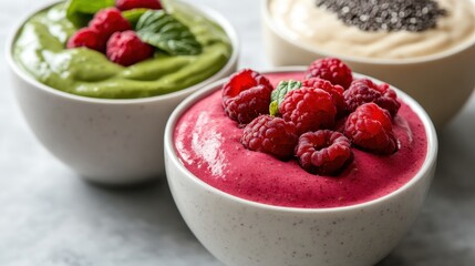 This image features beautifully presented smoothie bowls adorned with fresh raspberries, and vibrant green avocado mix, highlighting healthy eating aesthetics.