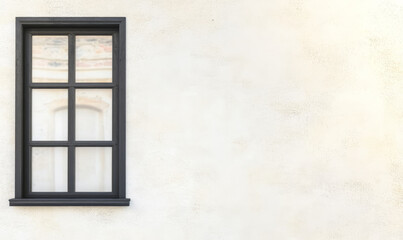 Fototapeta premium Black framed window with six panes on a light stucco wall creates simple architectural detail