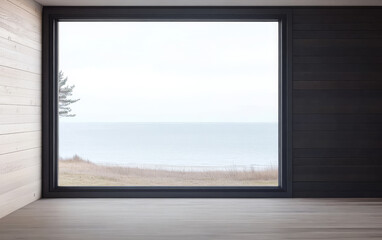 Elegant coastal view from a modern interior with large window overlooking the sea