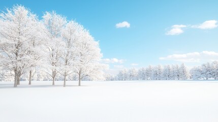 Fototapeta premium Snow-covered trees stand in a wide white field under a bright blue sky on a clear winter day.