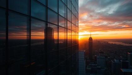 City skyscrapers reflect the vibrant sunset hues in their glass windows