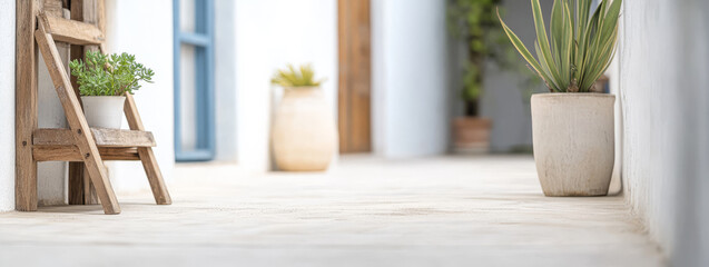 Bright hallway lined with plants and wooden decor in a tropical setting