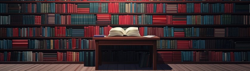 Fototapeta premium A cozy library with colorful books and an open book on a table.