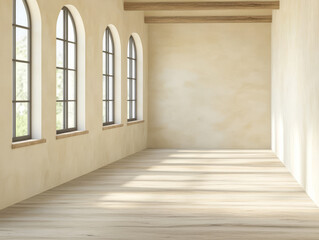 Elegant interior space with bright natural light and arched windows