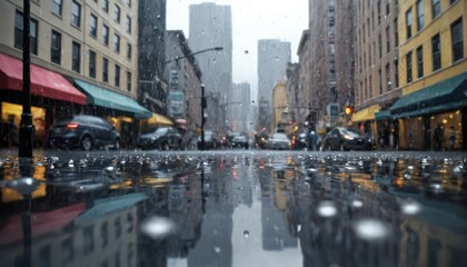 Busy New York City street scene with yellow taxis and towering skyscrapers