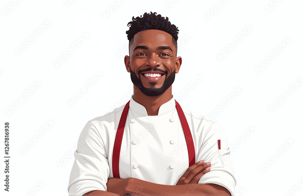 Poster A Smiling African American Chef Stands In Front View With Transparent Isolation On A Clean And Minimalist White Background. 00001