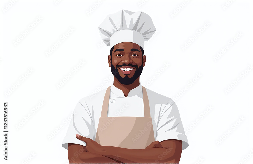 Poster A Smiling African American Chef Stands In Front View With Transparent Isolation On A Clean And Minimalist White Background. 00002