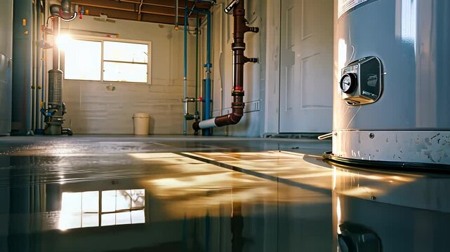 A flooded basement with visible pipes and warm sunlight streaming through a window, creating a dramatic scene.
