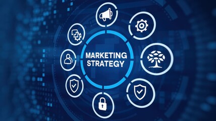Illustration shows a marketing strategy with various marketing icons