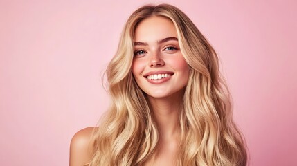 Fototapeta premium Happy blonde woman with long wavy hair smiling against a pink background.