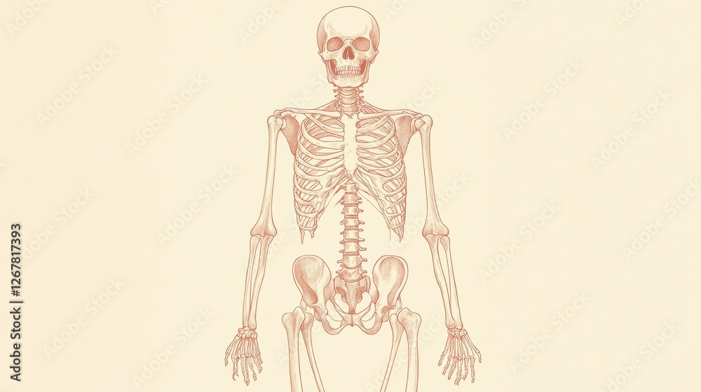 Poster detailed anatomical illustration of a human skeleton demonstrating skeletal structure and arrangemen